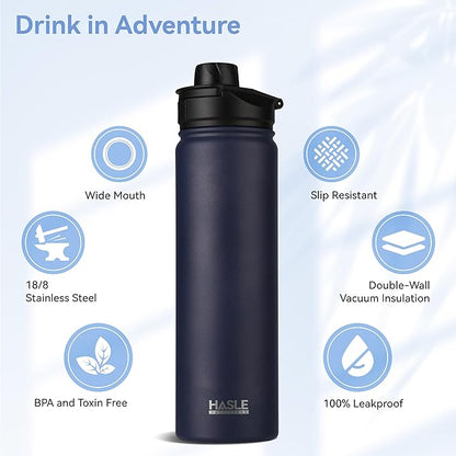 HASLE OUTFITTERS Insulated Water Bottle 22 oz Double Wall Stainless Steel Water Bottle Wide Mouth with Straw Lid & Spout Lid Keeps Cold or Hot(Navy,4)