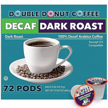 Double Donut Decaf Extra Bold Blend Dark Coffee pods, Dark Roast Coffee, Compatible with Keurig K Cups Brewers, 72 Count