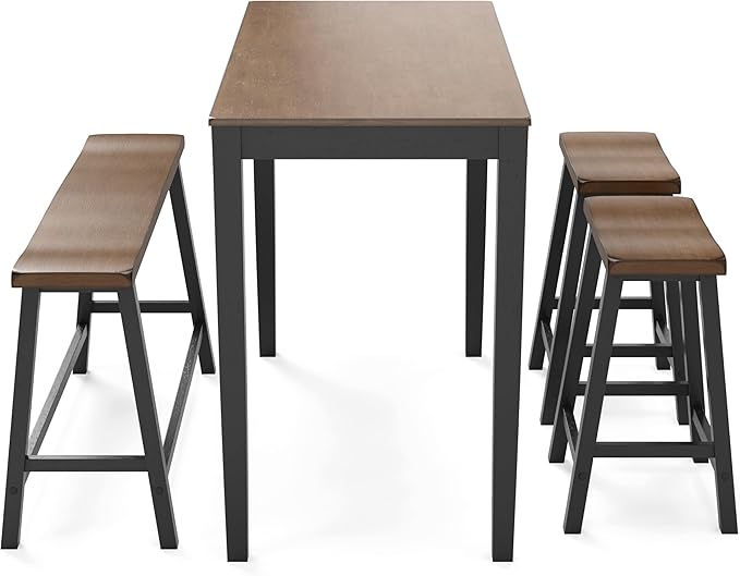 PHI VILLA Dining Table Set for 4, Counter Height Dining Table with 2 Chairs and 1 Bench, Solid Wood Table Sets for Farmhouse, Rustic Kitchen and Dining Room Table Set with Chairs, Walnut with Black