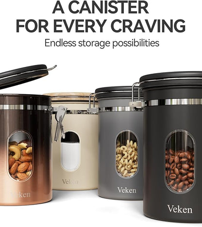 Veken Coffee Sugar Canister with Window, Coffee Lover Gift Set,Airtight Stainless Steel Kitchen Food Storage Container Gifts, Date Tracker & Scoop for Grounds Coffee,Beans,Tea,Flour,Cereal,22OZ,Cream