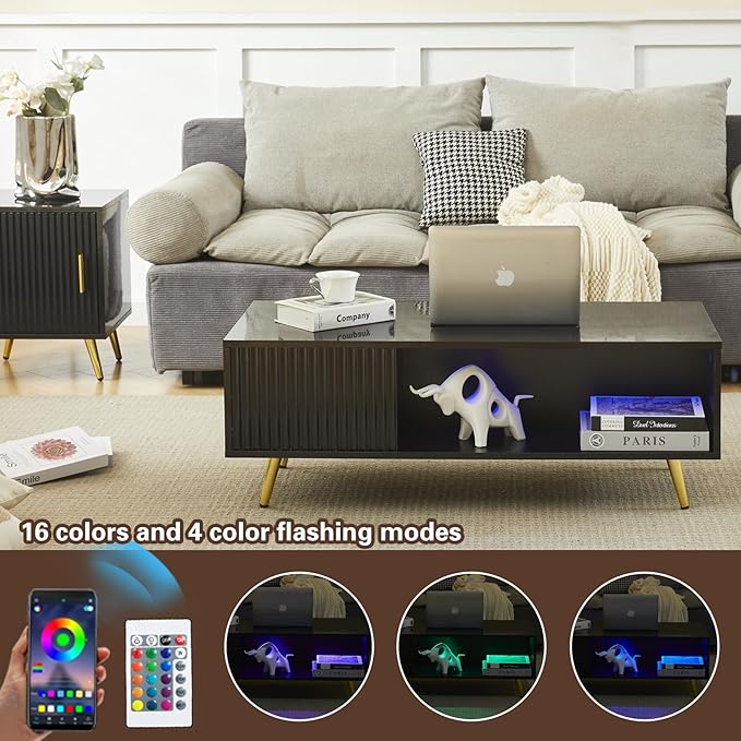 COSVALVE 41.3IN LED Black Coffee Tables for Living Room with 16 Colors LED Lights, Modern Minimalist Coffee Table with Fluted Panel, Rectangle Center Table Game Table