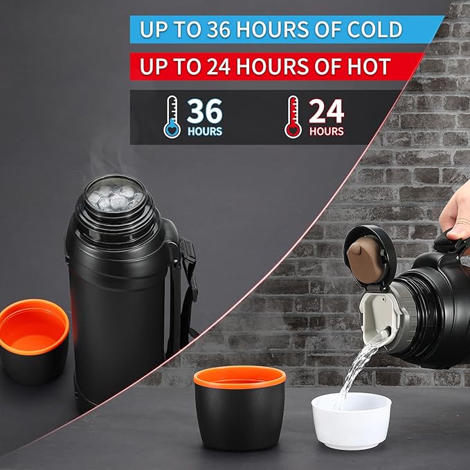 Large Thermosflask- 85oz Stainless Steel Insulated Bottle for Travel with BPA Free Cup - 2.5L Oversized Vacuum Insulated Thermoses with Handle and Strap for Hot & Cold Drinks(Black)