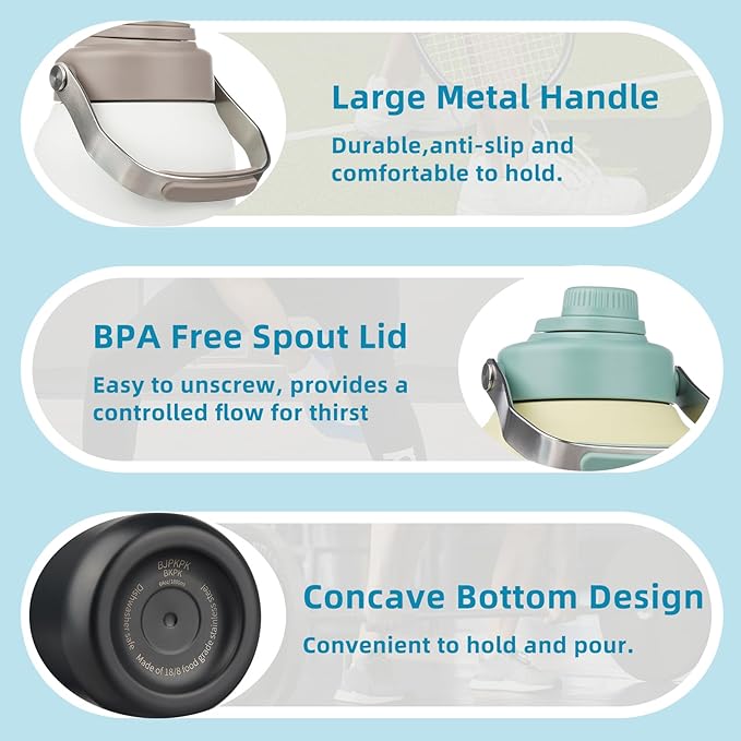 BJPKPK 1 Gallon Water Bottle Insulated, Dishwasher Safe 128oz Large Water Jug with Metal Handle & BPA Free Spout Lid, Stainless Steel Metal Thermo for Gym, Sports & Hiking, Grey