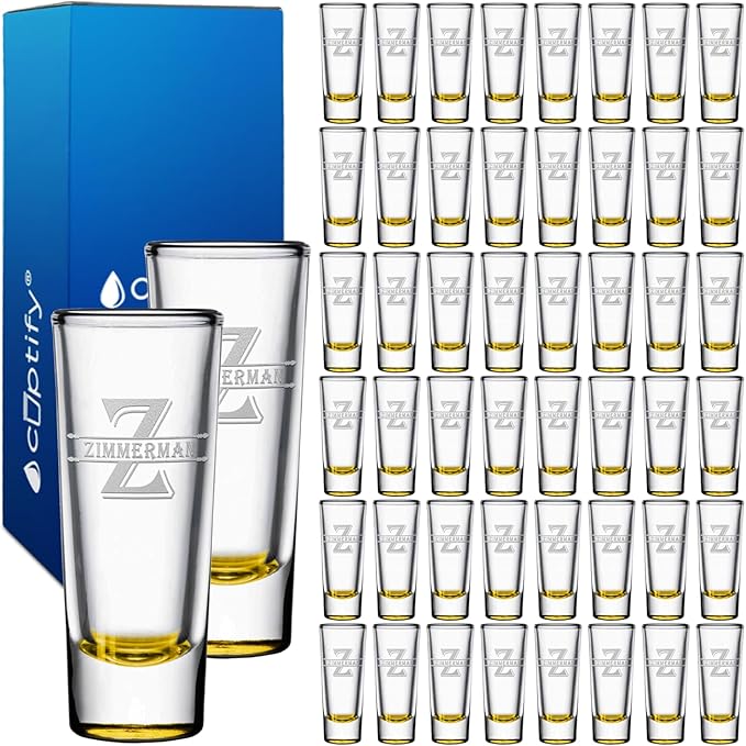 Personalized Shot Glasses Set of 50 Yellow Bottom Custom 2 oz Cordial Shot Glass Initial and Name for Gifts, Weddings, Birthdays, Party, Event, Decorations