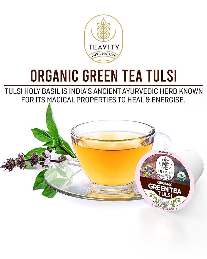 Organic Tulsi Tea Pods with Unsweetened Caffeinated Green Tea Pods for Keurig - Tulsi Green Tea by Teavity (36 Tea Pods)