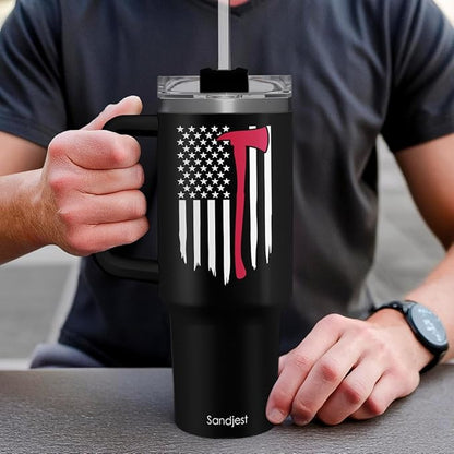 SANDJEST Firefighter Gifts for Men, 40oz Stainless Steel Insulated Coffee Tumbler with Lid & Straw, Travel Mug Cup Gift for Fireman Dad, Christmas Birthday