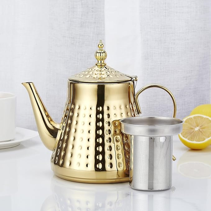 SANQIAHOME 1.2L(40oz) Stainless Steel Hammer Patterned Teapot With Removeable Infuser,Loose leaf cover,Gold