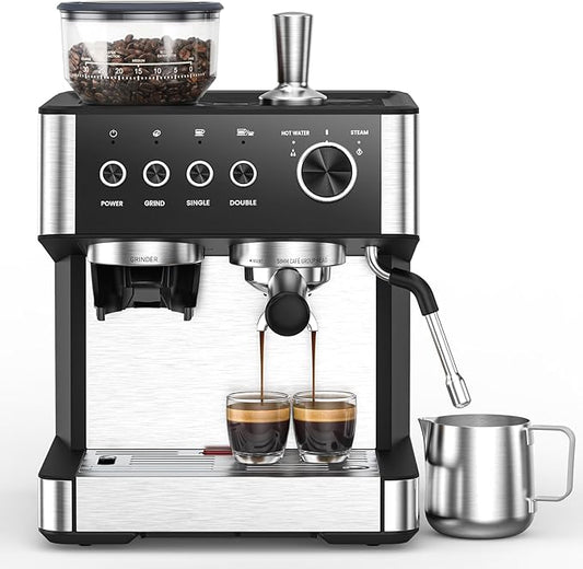 (2025 Upgrade) 20 Bar Espresso Machine with Built-in Anti-Clog Coffee Grinder, Expresso Coffee Machines with Milk Steam Wand/Frother/Tamping Tools,Espresso Maker with Grinder for Lattes, Cappuccinos