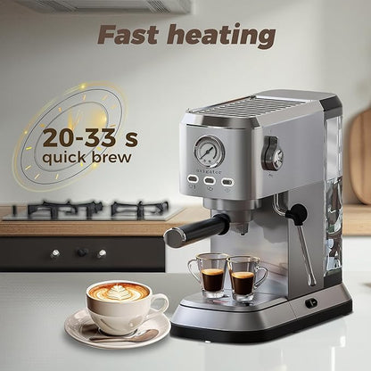 Coffee Espresso Machine 20 Bar, Cappuccino Coffee Makers with Milk Frother and Removable Water Tank, Stainless Steel Expresso Machines for Home