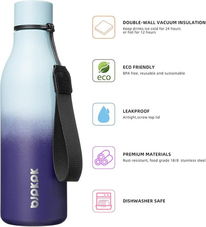 BJPKPK Insulated Water Bottles, 18 oz Stainless Steel Metal Water Bottle with Strap, BPA Free Leak Proof Jugs, Mugs, Flasks, Reusable Thermal Flasks for Sports & Travel, Ocean Dream