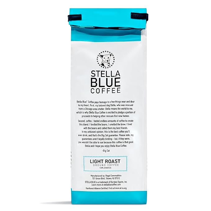 Stella Blue Ground Coffee, Positive Vibes Blend, Light Roast, Fresh Coffee Ground 100% Arabica, Smooth Balanced Roast with Distinct Flavor Notes, Ethically Sourced Coffee Beans, 12 oz Bag