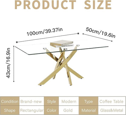 Tempered Glass Coffee Table with Chromed Legs, Rectangle Modern Living Room Table for Home Office Living Room (Gold, 40”x20”x17”)