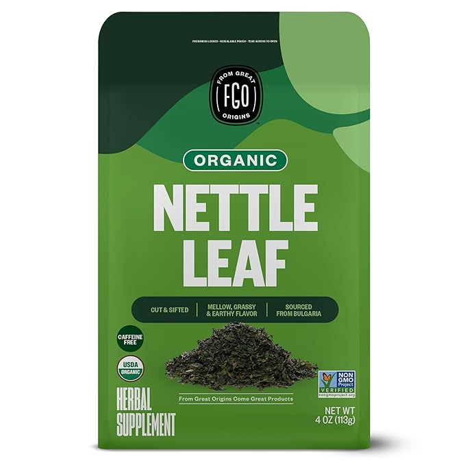 FGO Organic Nettle Leaf Loose Tea, Cut and Sifted, Caffeine Free, 4oz Resealable Bag, Packaging May Vary (Pack of 1)