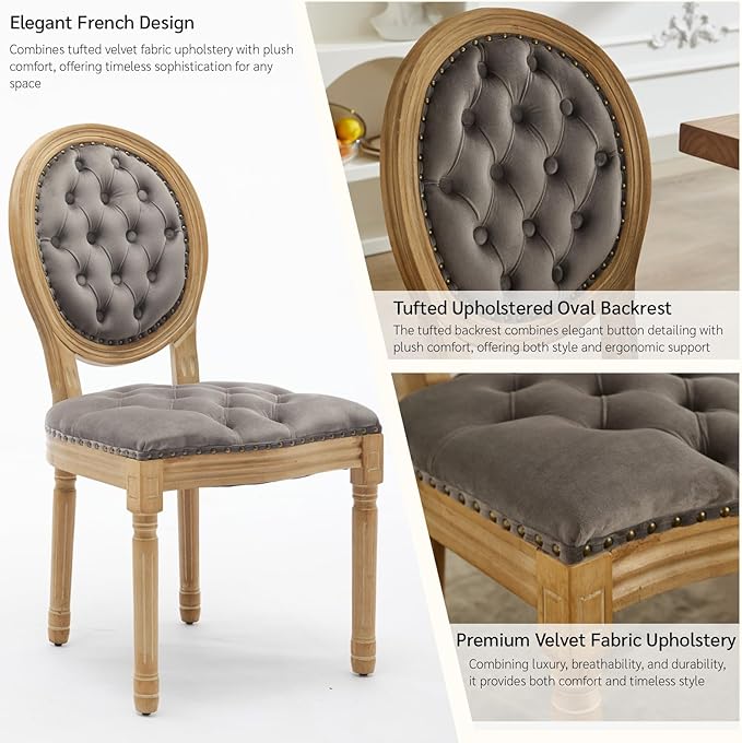 French Country Dining Chairs Set of 8, Vintage Wooden Dining Chairs with Fabric Upholstered Tufted Seat,Solid Wood Legs&Frame, Farmhouse Kitchen&Living Room Chairs(Gray,8 Pcs)