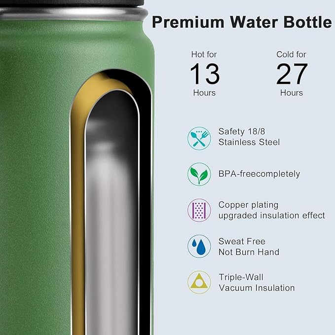 koodee 26 oz Insulated Water Bottle Stainless Steel Double Wall Vacuum Metal Sports Wide Mouth Water Bottle with Leakproof Spout Lid (Grass Green)