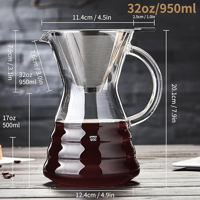 Unbreakable - 18 Pack Pour Over Coffee Maker with Permanent Stainless Filter 27 fl oz, Thickened Heat-Resistant Borosilicate Glass Dripper Coffee Brewer, Stovetop Safe