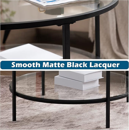 VINGLI Glass Coffee Table,30" Round Coffee Table Black Coffee Tables for Living Room, 2-Tier Clear Glass Top Side Table with Storage. Simple & Modern Center Table Mesa de Centro para Sala