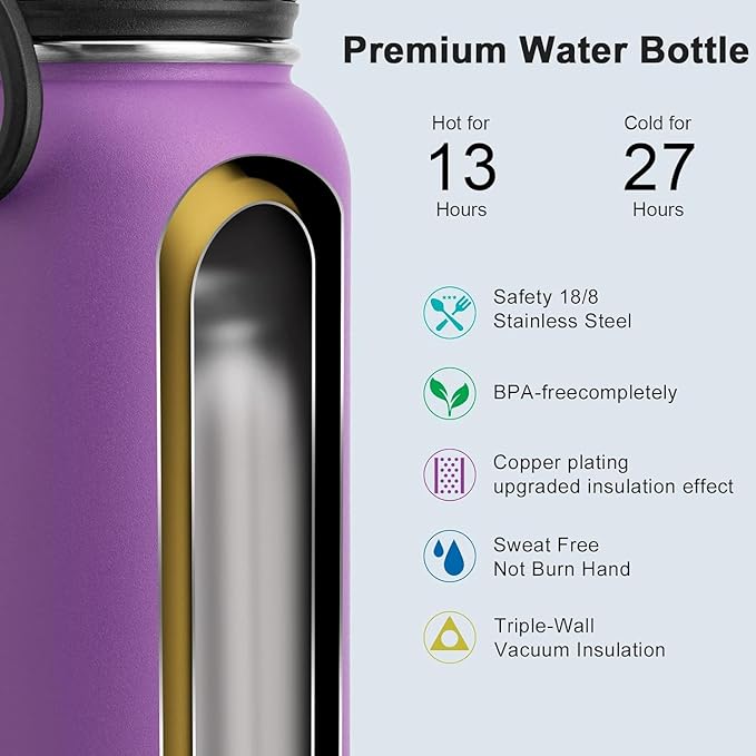 koodee Insulated Water Bottle, 32 oz Stainless Steel Double Wall Vacuum Wide Mouth Sport Bottle with Leakproof Spout Lid (Purple)