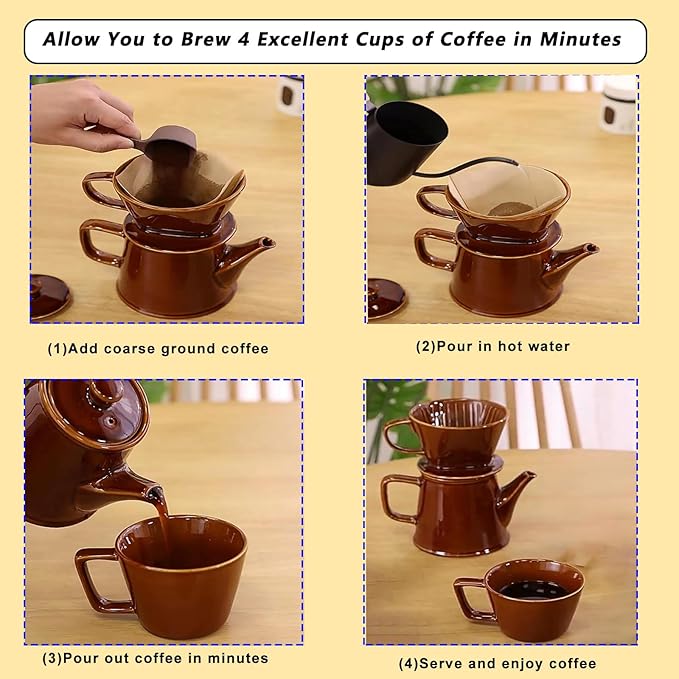 Wild Lily's Spring 22 Oz Vintage Ceramic Pour Over Coffee Maker Set with 4 Coffee Mugs, Ceramic Coffee Pot & 3-Hole Dripper Set, Perfect for 3-4 People at Home, in Cafés and Restaurants (Caramel)