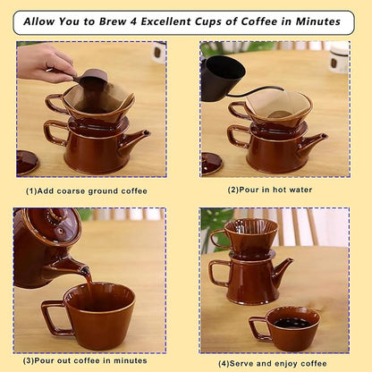 Wild Lily's Spring 22 Oz Vintage Ceramic Pour Over Coffee Maker Set with 4 Coffee Mugs, Ceramic Coffee Pot & 3-Hole Dripper Set, Perfect for 3-4 People at Home, in Cafés and Restaurants (Caramel)