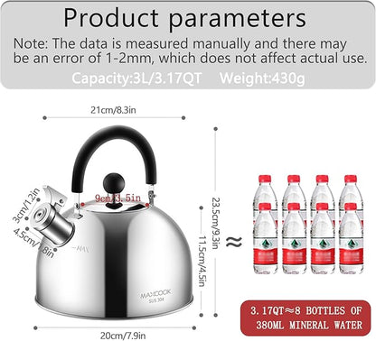 304 Stainless Steel Whistling Tea Kettle 3.17 Quart/3L Tea Pot, Suitable to Boiling Water & Tea on Induction Stove, Gas Stove Top