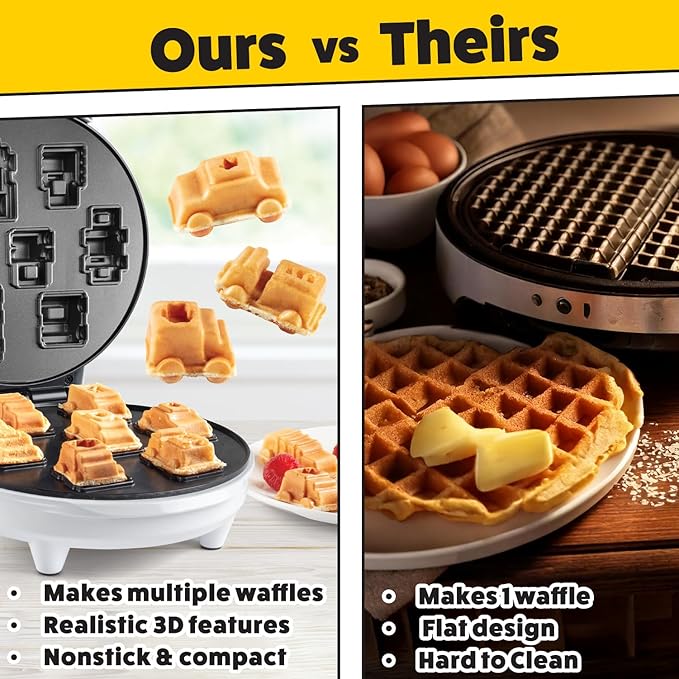 Cars & Trucks Mini Waffle Maker - Make 7 Different Vehicles- Police Car Firetruck Construction Truck & Automobile Shaped Pancakes- Electric Nonstick Iron with Recipe Guide, Fun Kid or Adult Xmas Gift
