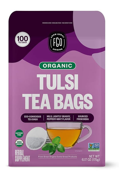 FGO Organic Tulsi Holy Basil Tea, 100 Count, Eco-Conscious Herbal Tea Bags, Resealable Bag, Caffeine Free, Packaging May Vary (Pack of 1)