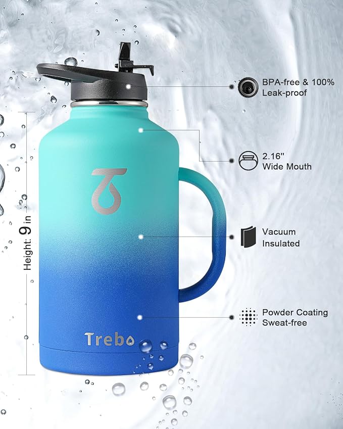 Trebo Half Gallon Water Bottle Insulated with Handle, 64 oz Double Wall Stainless Steel Metal Large Jug, Travel Flask with Straw Spout Lid, Mug Tumbler Cup with Carry Pouch, Keep Cold Hot, Blue