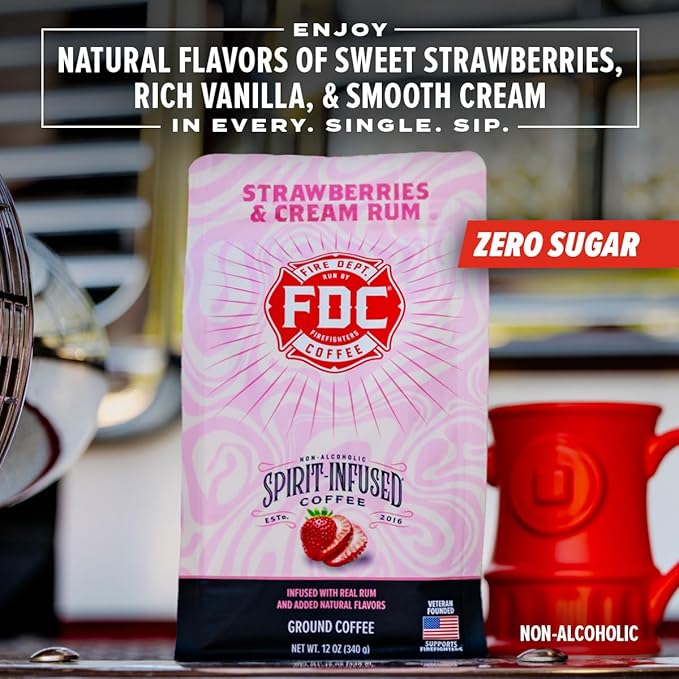 Fire Department Coffee - Gives Back to Firefighters - Strawberries & Cream Rum Infused Ground Coffee - Medium Roast - Non-Alcoholic - Roasted in the USA - Veteran Owned - 12 oz
