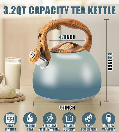 Tea Pot, 3.2Qt Tea Kettle Stovetop, Food Grade Stainless Steel Tea Kettle,Suitable for Various Heat Sources,One-Button Switch (Grayish Blue Gradient)
