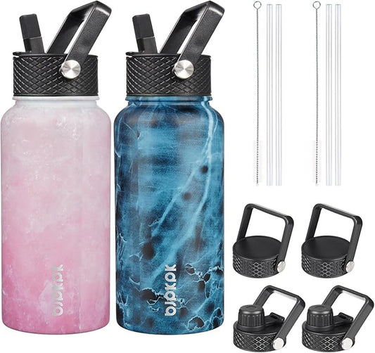 BJPKPK 2 Pack Insulated Water Bottles with Straw Lids, 27oz Stainless Steel Metal Water Bottle with 6 Lids, Leak Proof BPA Free Jugs, Cups, Flasks for Travel, Sports (Blossom+Ocean)