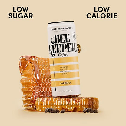 Beekeeper Coffee Cold Brew Caramel Latte with Oregon Honey, 8 fl oz cans (Pack of 12), Ready-to-Drink, 125mg Natural Caffeine