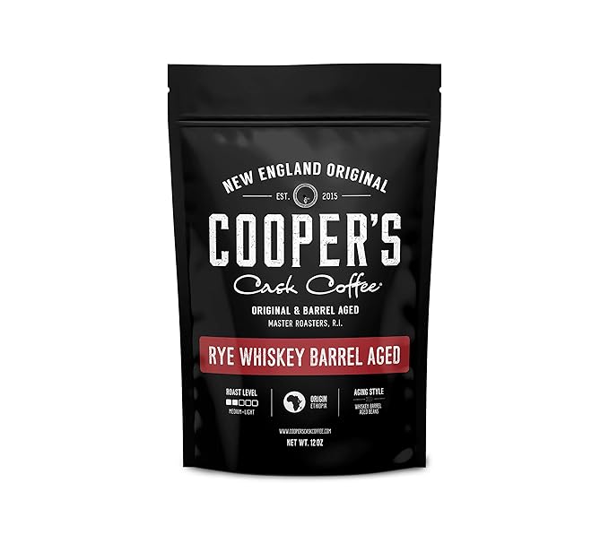 Rye Whiskey Barrel Aged Coffee, Single Origin Roasted Coffee beans, Ethiopian Beans Aged in Rye Whiskey Casks, 2lb Bags, Ground