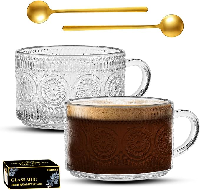 Vintage Coffee Tea Cups, Glass Mugs 14 Oz Set of 2 Embossed Glassware with Handle, for Cappuccino, Latte, Cereal, Yogurt, Beverage Hot/Cold, Milk