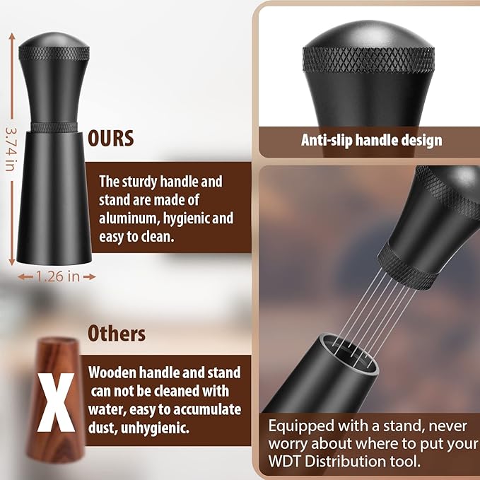 WDT Espresso Distribution Tool Espresso Stirrer Tools for Barista, 0.35mm 7 Needles Espresso Coffee Stirrer with Extra 7 Replaceable Needles, Aluminum Alloy Handle with Stand (Black)