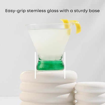 JoyJolt Hue 7.5oz Martini Glasses, Cocktail Glassware Set of 6, Colored Glass Base, Stemless Drinking Glasses for Margarita, Bar, Shrimp Cocktail, Juice