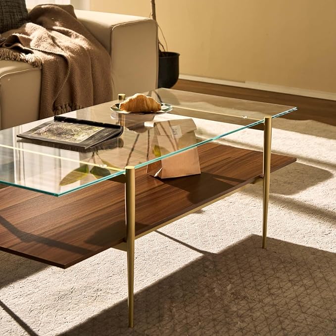 AGV LIGHTING Tadio Large Glass Coffee Table, Mid-Century Modern Coffee Table for Living Room, Gold Finish Leg, Clear Glass Top & Walnut Brown Shelf, 47 in