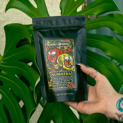 Bones Coffee Company NEW World Tour Sample Pack Box Set with Specialty Coffee Mug, 5 Assorted Single-Origin Low Acid Medium Roast Arabica Beans Flavored Coffee Gifts, 4 oz Pack of 5 Ground