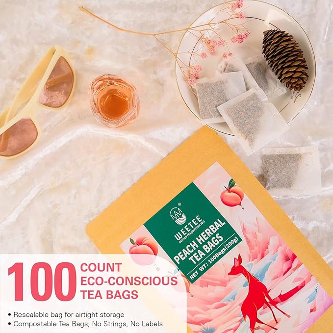 WT WEETEE Peach Herbal Tea Bags, Caffeine Free Tea Made with Rose Hip, Orange Peel, Hawthorn, Chamomile, Hibiscus & More, 100 Counts Peach and Herbs Good for Iced
