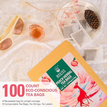 WT WEETEE Peach Herbal Tea Bags, Caffeine Free Tea Made with Rose Hip, Orange Peel, Hawthorn, Chamomile, Hibiscus & More, 100 Counts Peach and Herbs Good for Iced