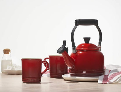 Le Creuset Enamel On Steel Demi Kettle & Stoneware Set of 2 Mugs, 1.25 qt. Kettle & (2) 14 oz. Mugs, Cerise