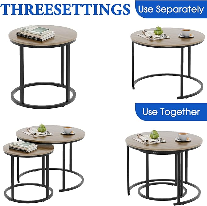 aboxoo Coffee Table Nesting Side Round Table Set of 2 End Table with Sturdy Metal Frame for Living Room Bedroom Apartment Modern Industrial Simple Nightstand,Oak