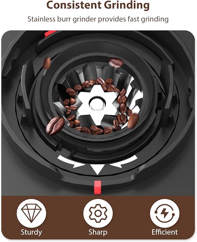 Aromaster Burr Coffee Grinder with 25 Grind Setting, Adjustable 2-12 Cups Timer, Professional Conical Coffee Bean Grinders for Home Use, 3-Ears Portafilter Holder, Anti-static, Cleaning Brush, Black