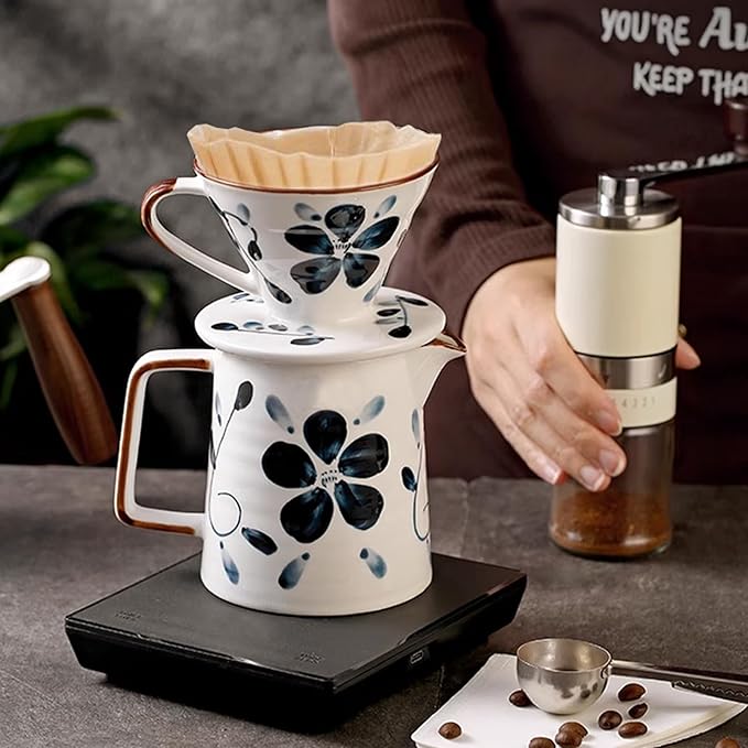 Ceramic Pour Over Coffee Maker Set, 60 Angle Ceramic Coffee Dripper with Single Hole, Coffee Pot & 100 Paper Filters for Home, Travel, Camping (1-2 Cup)