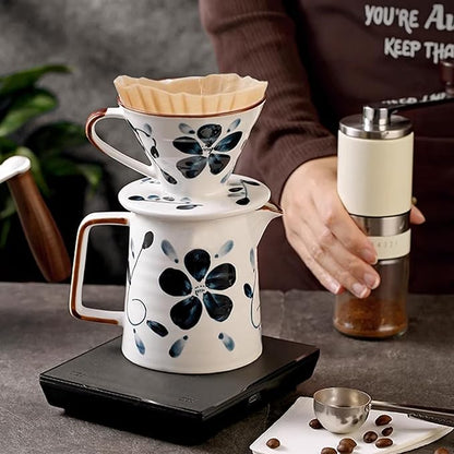 Ceramic Pour Over Coffee Maker Set, 60 Angle Ceramic Coffee Dripper with Single Hole, Coffee Pot & 100 Paper Filters for Home, Travel, Camping (1-2 Cup)