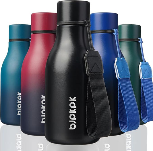 BJPKPK Insulated Water Bottles, 12oz Stainless Steel Metal Water Bottle with Strap, BPA Free Leak Proof Jugs, Mugs, Flasks, Reusable Thermal Flasks for Sports & Travel, Black