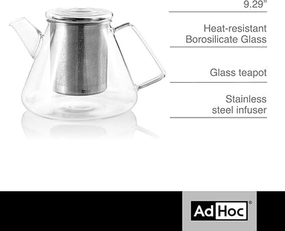 AdHoc Orient+ Glass Teapot - Tea Kettle and Removable Infuser for Loose Leaf Tea - Large Glass Teapot for Stove Top - Small Tea Kettle - 50 fluid oz.