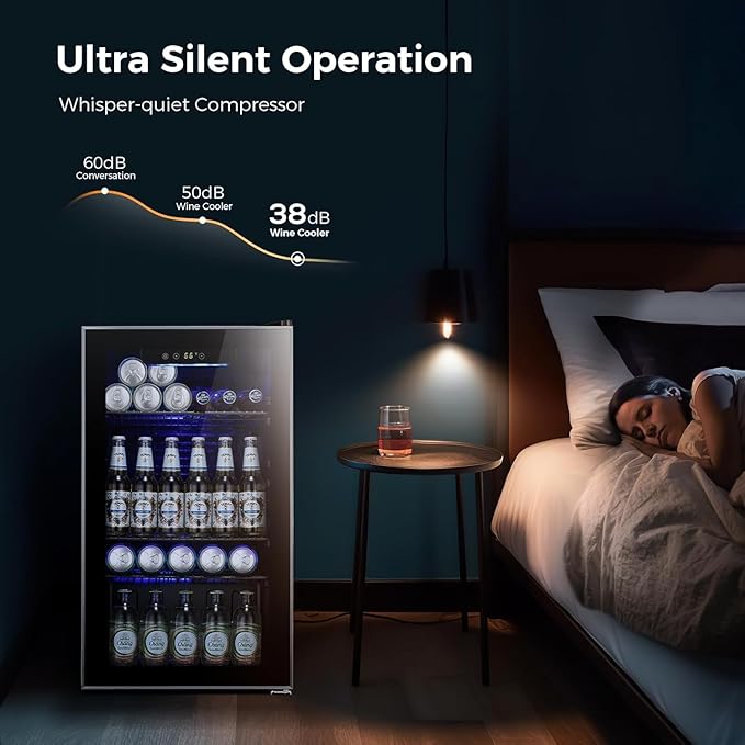 Kismile 3.2 Cu.ft Beverage Refrigerator and Cooler, 130 Can Mini Fridge Glass Door,Digital Temperature Display for Soda, Beer or Wine, Small Drink Dispenser Cooler for Home, Office or Bar(Black)