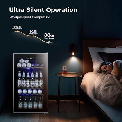 Kismile 3.2 Cu.ft Beverage Refrigerator and Cooler, 130 Can Mini Fridge Glass Door,Digital Temperature Display for Soda, Beer or Wine, Small Drink Dispenser Cooler for Home, Office or Bar(Black)