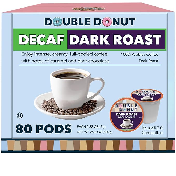Double Donut Decaf Dark Roast Coffee Pods, Extra Bold Blend Coffee, Single Serve Coffee For Keurig K Cups Machines, Decaf Dark Roast Coffee in Recyclable Pods, 80 Count